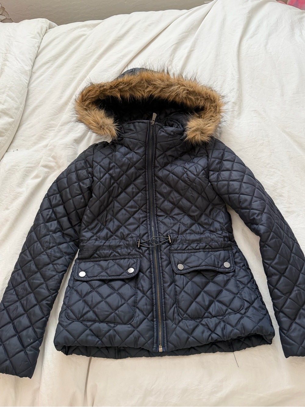 CoffeeShop Quilted Black Hooded Puffer with Faux Fur Trim